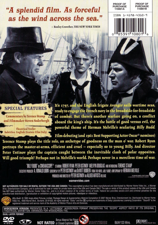 Billy Budd DVD featuring Robert Ryan and Peter Ustinov, adventure and war film with vintage cover art.