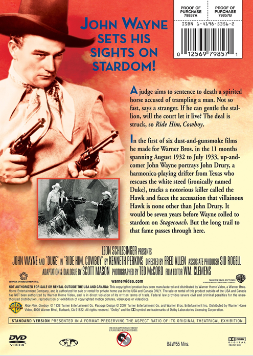 Screenshot from the DVD "Ride Him, Cowboy" featuring John Wayne in an action scene from the western movie.