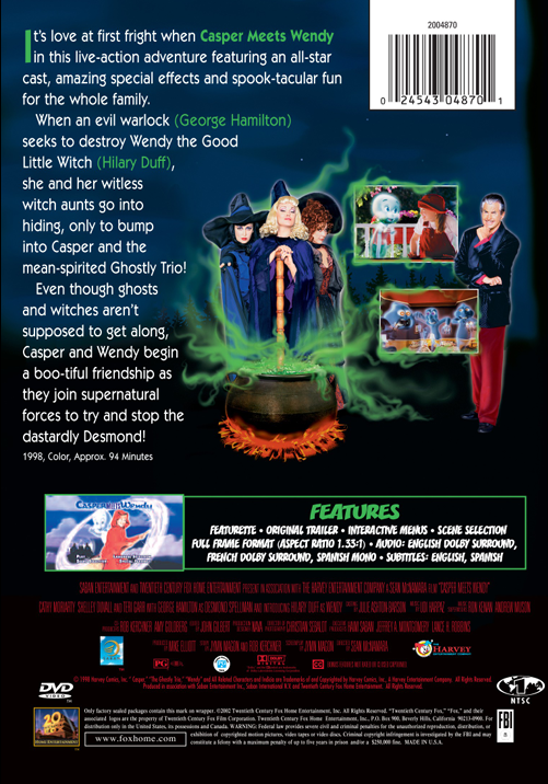 DVD cover of Casper Meets Wendy animated movie featuring Cathy Moriarty and Shelley Duvall from FilmClassicsOnDVD.