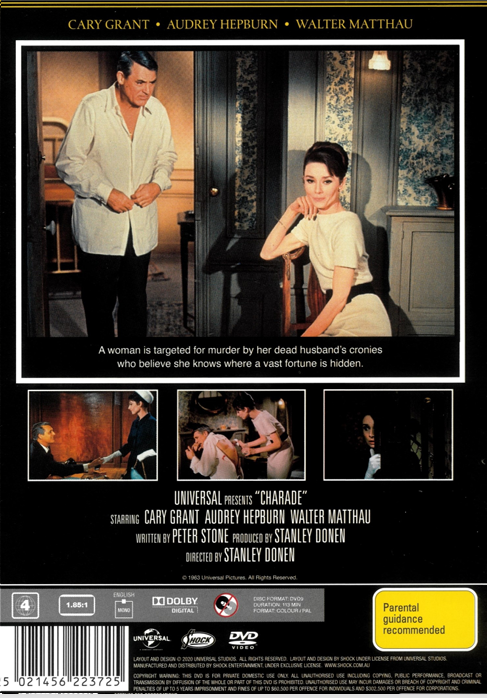 Charade DVD featuring Cary Grant and Audrey Hepburn, classic comedy movie from FilmClassicsOnDVD, with a scene of the film's cover art.