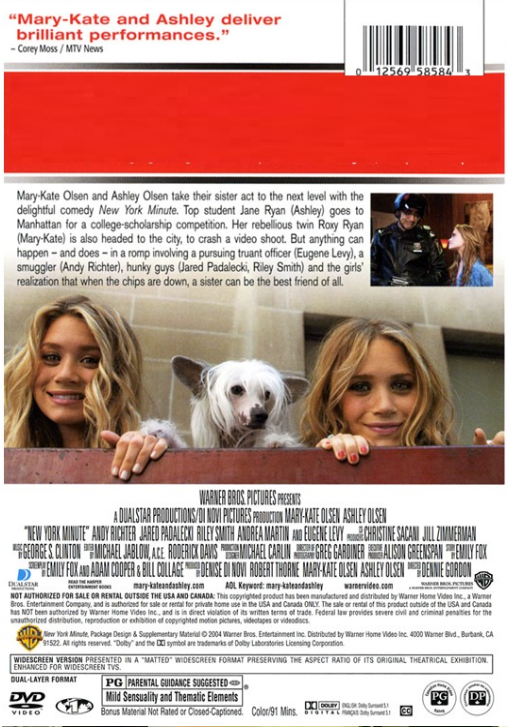 Screenshot from the New York Minute DVD featuring Mary-Kate and Ashley Olsen in a family comedy movie.