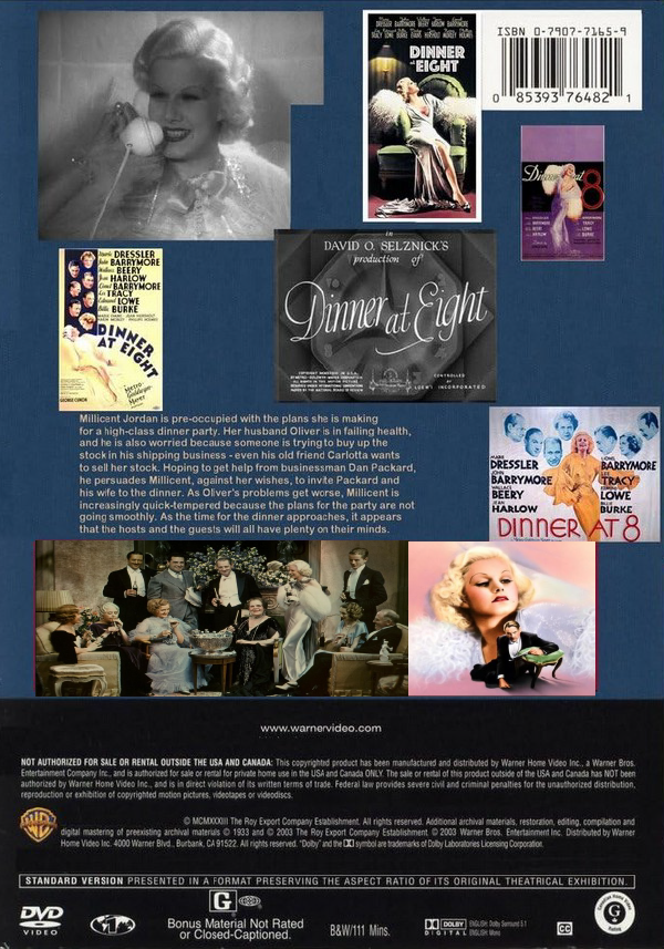 Dinner At Eight on DVD, Romance, Marie Dressler, John Barrymore,