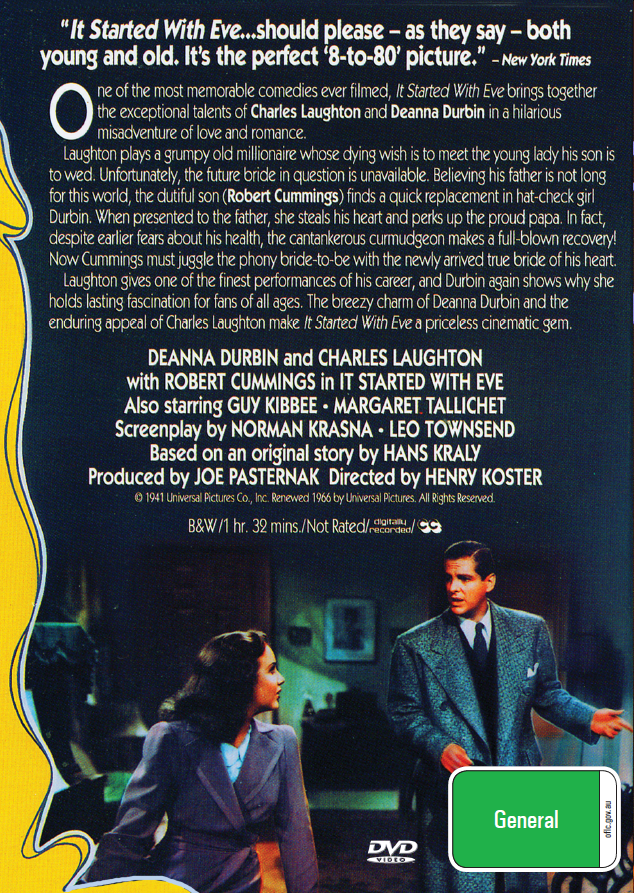 It Started With Eve on DVD, Comedy, Deanna Durbin, Charles Laughton