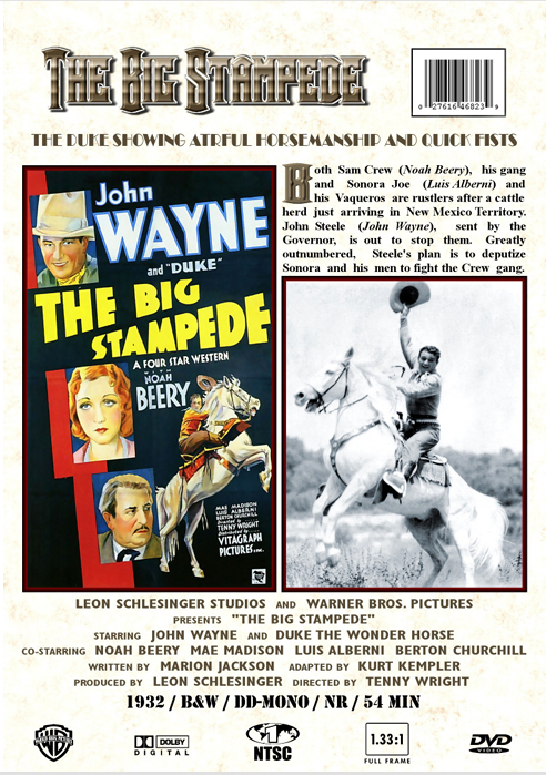 DVD cover of "The Big Stampede" drama movie featuring John Wayne and Noah Beery, with vintage western scene and title text.