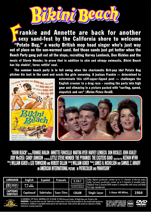 Screenshot from the Bikini Beach DVD featuring Frankie Avalon and Annette Funicello in a lively beach scene from the comedy movie.