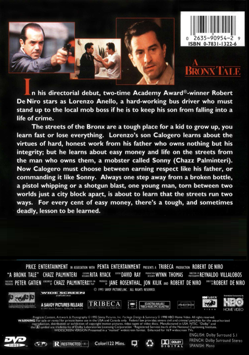 Screenshot of The Bronx Tale DVD featuring Robert De Niro and Chazz Palminteri, crime drama movie from FilmClassicsOnDVD.