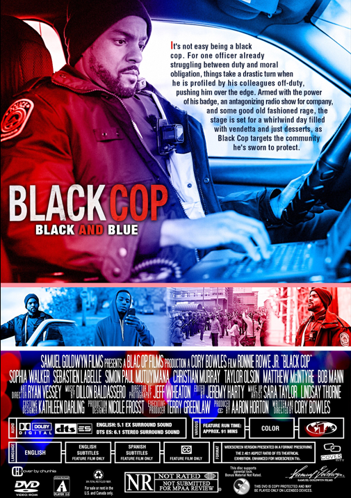 Screenshot from Black Cop DVD showing Ronnie Rowe and Sophia Walker in a crime movie scene, with dark urban background.