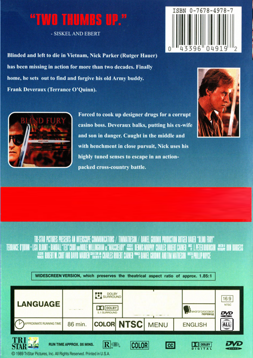 Screenshot from Blind Fury DVD featuring Rutger Hauer and Terry O'Quinn, action movie from FilmClassicsOnDVD.
