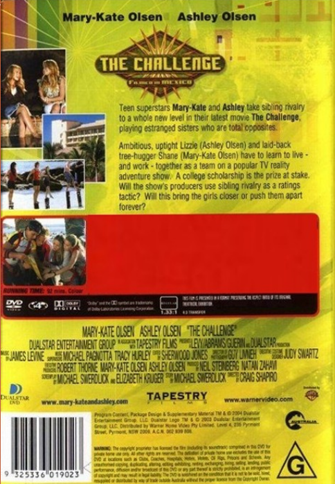 Screenshot of "The Challenge" DVD featuring Mary-Kate and Ashley Olsen in a family movie from rareandcollectibledvds.