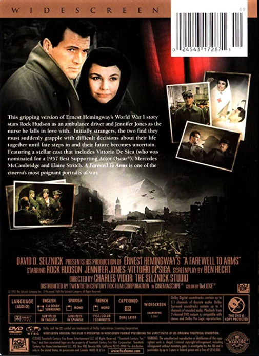 Farewell to Arms on DVD, Drama, Rock Hudson, Jennifer Jones