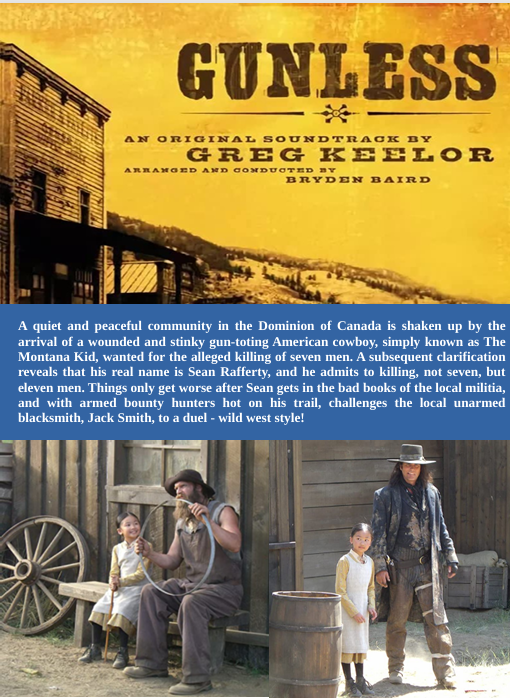 Gunless DVD movie featuring Paul Gross and Sienna Guillory, comedy film screenshot showing main characters and movie title.