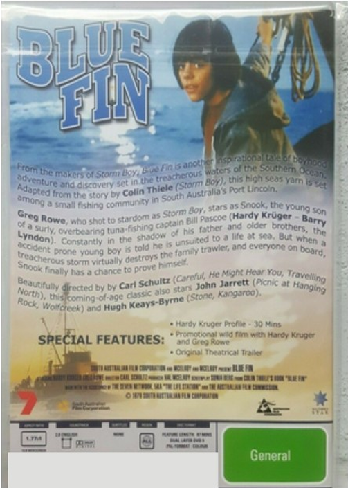 Blue Fin DVD movie featuring Hardy Krüger and Greg Rowe from FilmClassicsonDVD, showing a scene with characters in a boat on the ocean.