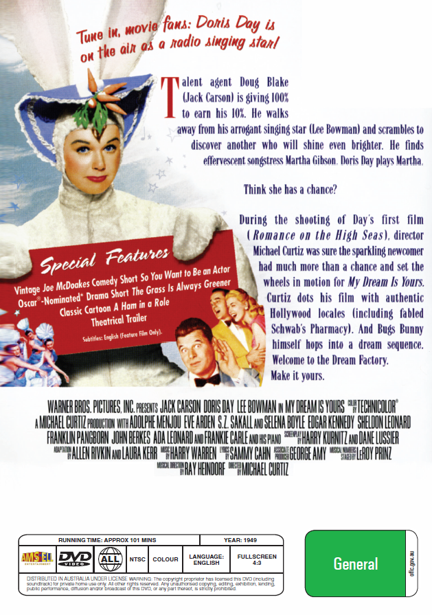 My Dream Is Yours On DVD, Musical, Jack Carson, Doris Day