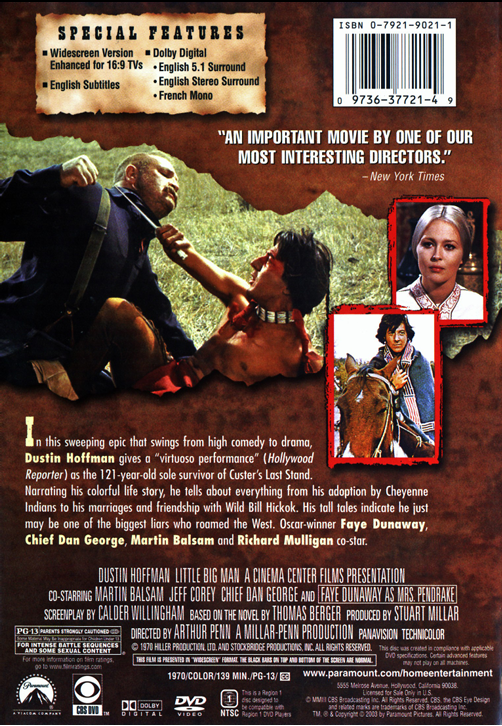 Screenshot from the Little Big Man DVD featuring Dustin Hoffman and Faye Dunaway in a Western adventure movie.