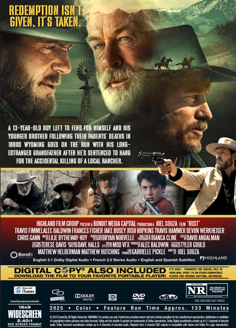 Western DVD "Rust" featuring Alec Baldwin and Josh Hopkins, showing the DVD case with cover art and title.