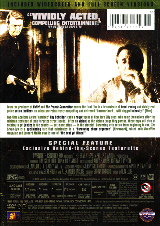 DVD of The Seven-Ups crime movie featuring Roy Scheider and Tony Lo Bianco, displayed with cover art.