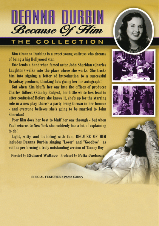 Because Of Him DVD comedy movie featuring Deanna Durbin and Charles Laughton, from RareAndCollectedDVDs.