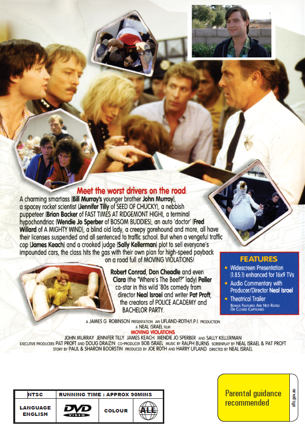 Moving Violations DVD comedy featuring John Murray and Jennifer Tilly, with case and cover art visible.