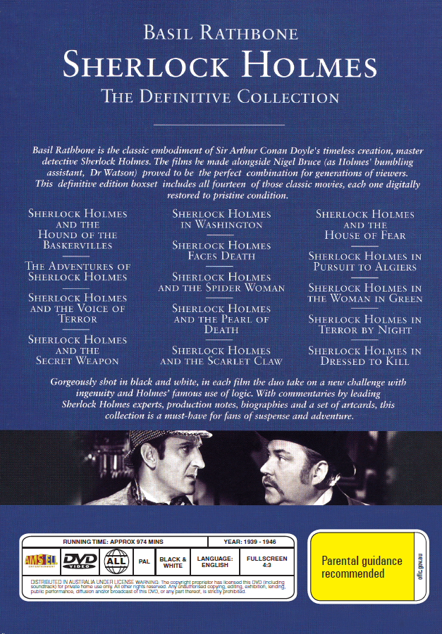 Sherlock Holmes The Definitive DVD featuring Basil Rathbone and Nigel Bruce, classic crime movie from RareandCollectibleDVDs.