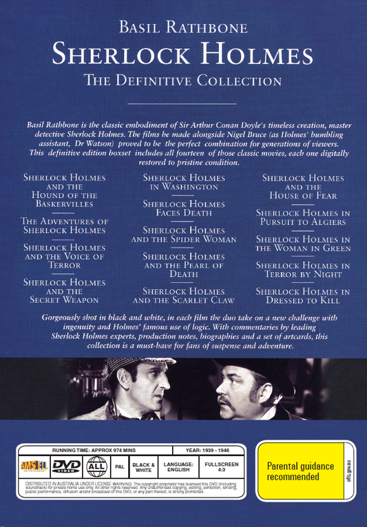 Sherlock Holmes The Definitive DVD featuring Basil Rathbone and Nigel Bruce, classic crime movie from RareandCollectibleDVDs.