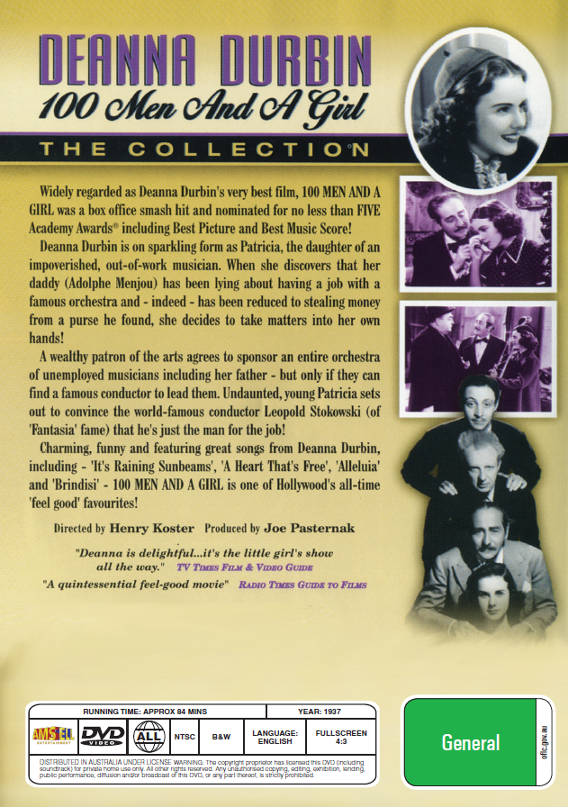 DVD cover of the musical movie "100 Men and a Girl" starring Deanna Durbin and Adolphe Menjou, from Rare and Collectible DVDs.