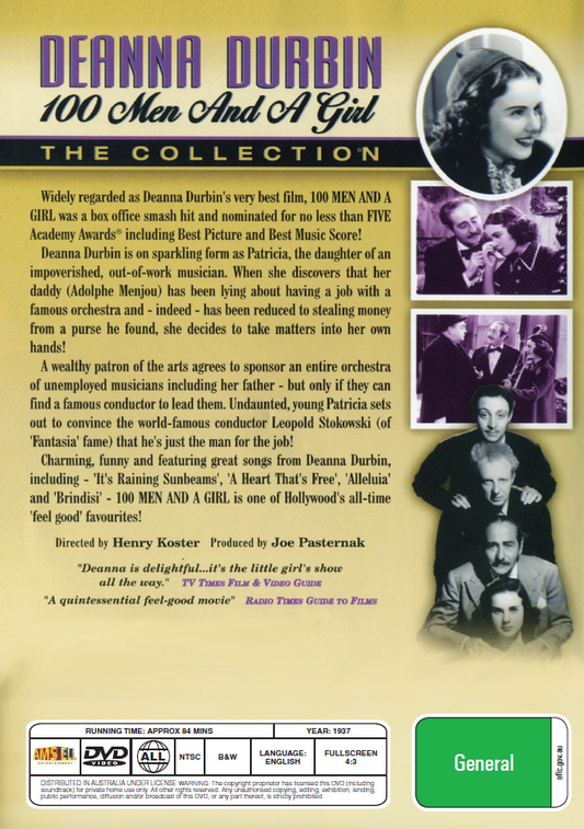 DVD cover of the musical film "100 Men and a Girl" starring Deanna Durbin and Adolphe Menjou, from the Movies and DVDs collection.