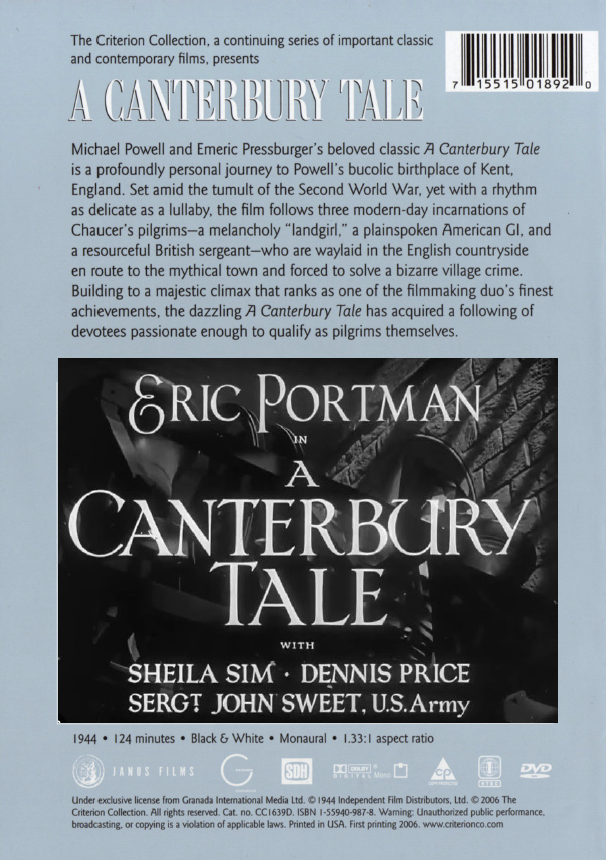 A Canterbury Tale DVD featuring mystery genre with Eric Portman and Sheila Sim, part of rareandcollectibledvds movies collection.