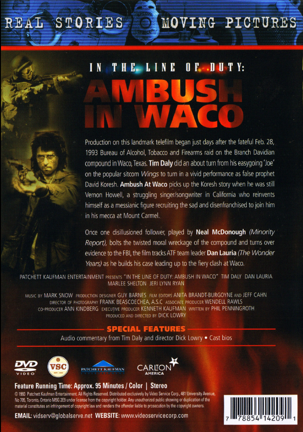 DVD cover of "Ambush In Waco" featuring Tim Daly and William O'Leary, action movie from Rare and Collectible DVDs.