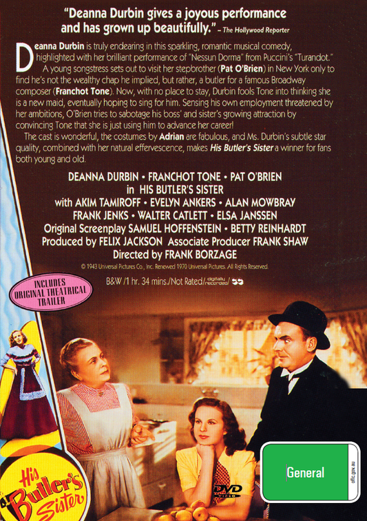 His Butler's Sister DVD, a musical film starring Deanna Durbin and Franchot Tone, from the movies and DVDs collection.