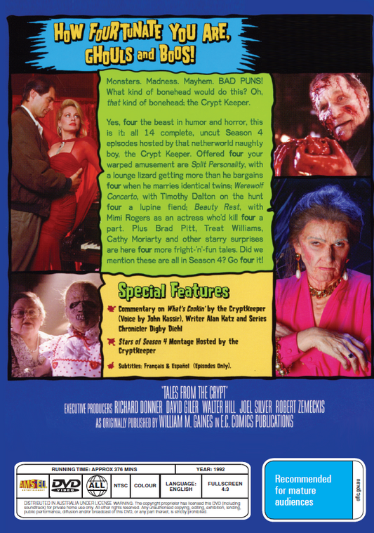 Screenshot of Tales From The Crypt Season 4 DVD cover featuring horror artwork, John Kassir, and Roy Brocksmith in the cast.
