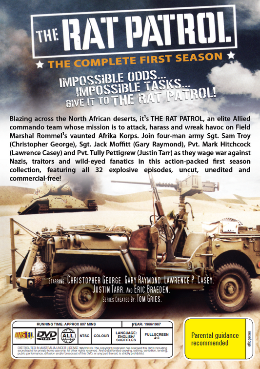 DVD cover of The Rat Patrol Season 1 featuring Christopher George and Gary Raymond, with military artwork and title text.