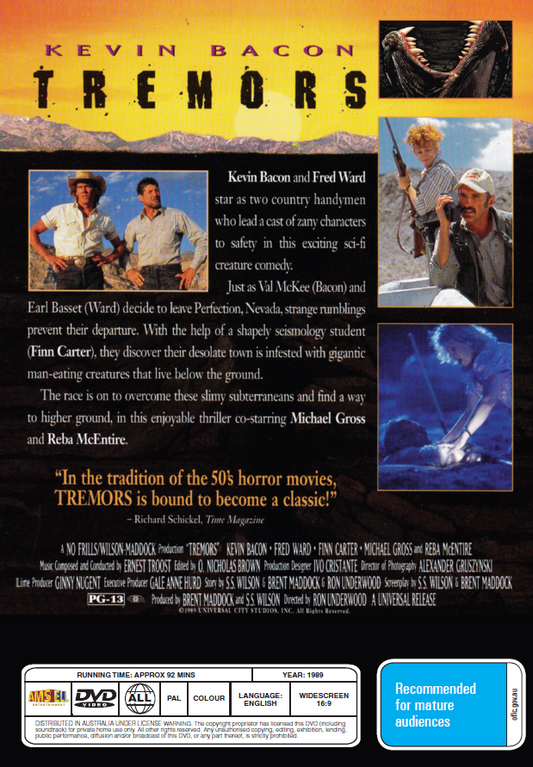 DVD cover image for the horror movie Tremors featuring Kevin Bacon and Fred Ward, from the collection of rareandcollectibledvds.