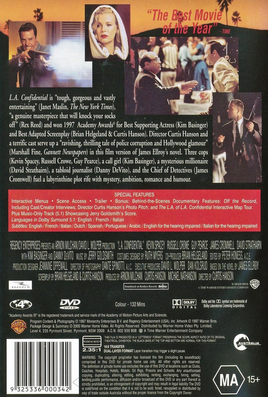 L.A. Confidential DVD featuring Kevin Spacey and Russell Crowe, crime movie from Rare and Collectible DVDs, front cover image
