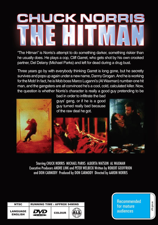 DVD cover of "The Hitman" crime movie featuring Chuck Norris and Michael Parks, from rareandcollectibledvds.