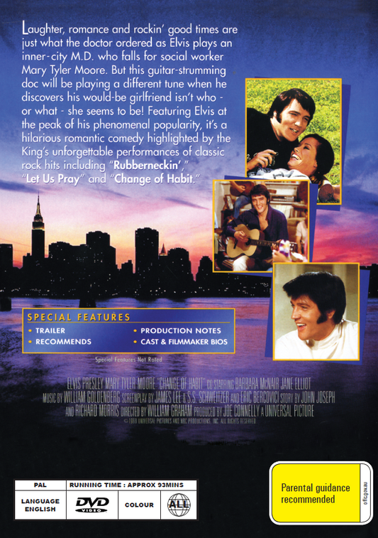 Change of Habit DVD featuring Elvis Presley and Mary Tyler Moore, drama film with actors in promotional scene.