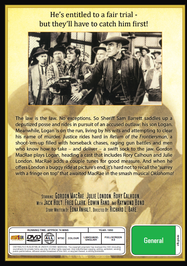 Return Of The Frontiersman on DVD, Western, Gordon MacRae, Julie London