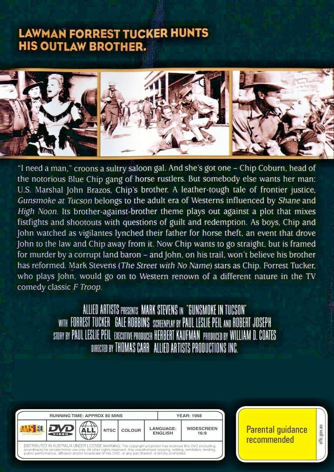 DVD of Gunsmoke in Tucson (1958) featuring Mark Stevens and Forrest Tucker, a classic Western movie on Timeless Classic DVD.