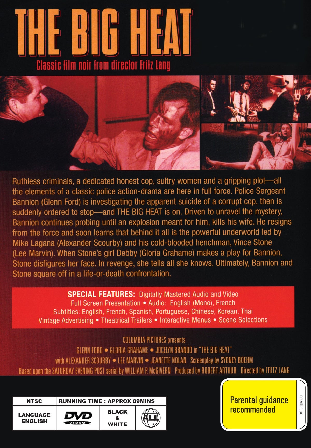 DVD cover of The Big Heat (1953) crime film noir starring Glenn Ford and Gloria Grahame, featuring intense crime drama imagery.