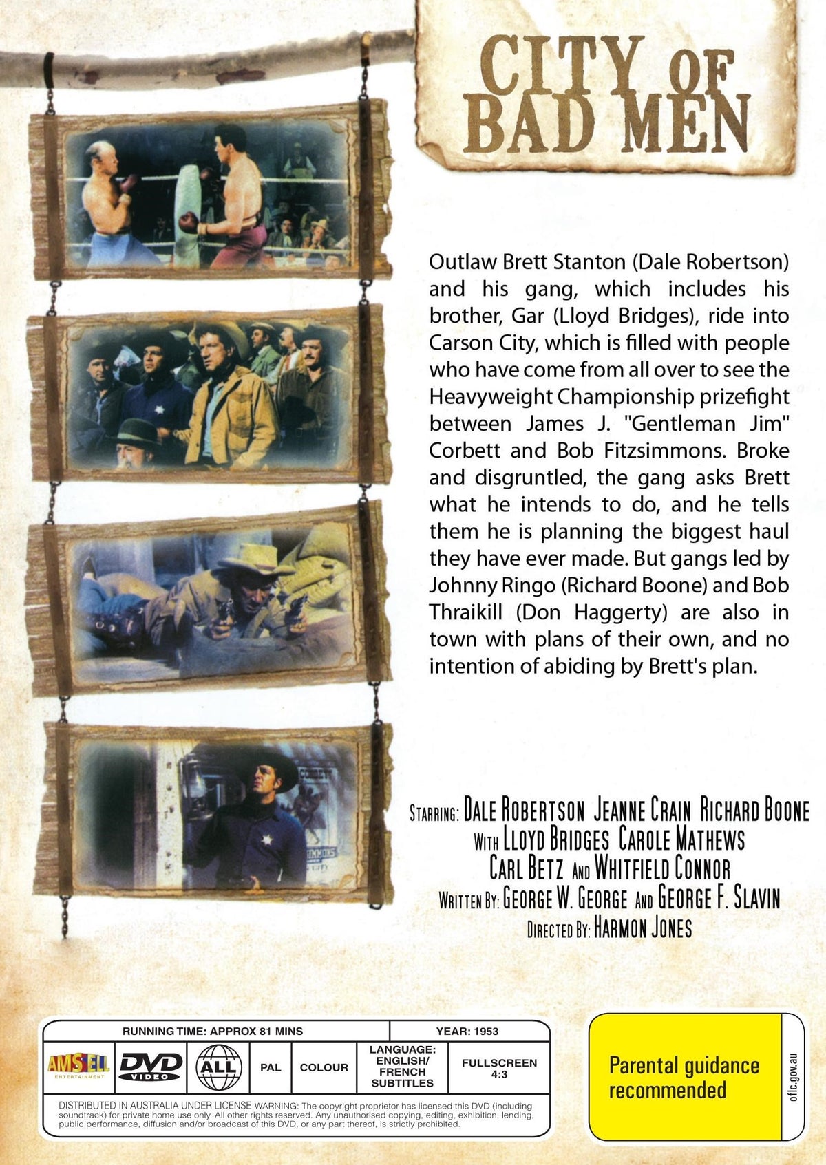 Western DVD titled City of Bad Men featuring Dale Robertson and Jeanne Crain, displayed in a case with cover art.