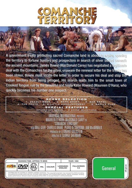 Comanche Territory DVD featuring Western movie with Maureen O'Hara and Macdonald Carey, displayed in a case with cover art.