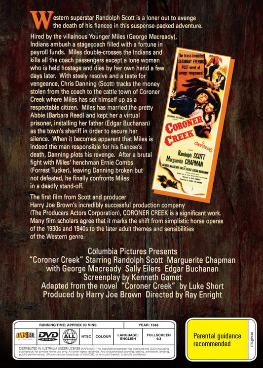 Western movie DVD "Coroner Creek" starring Randolph Scott and Marguerite Chapman, featuring vintage artwork and classic film cover.