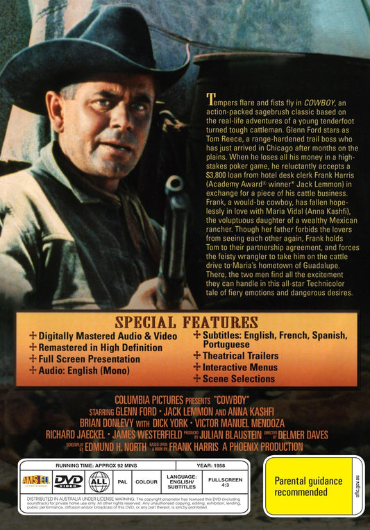 Cowboy on DVD drama featuring Glenn Ford and Jack Lemmon, showing the DVD case with movie title and cover art.