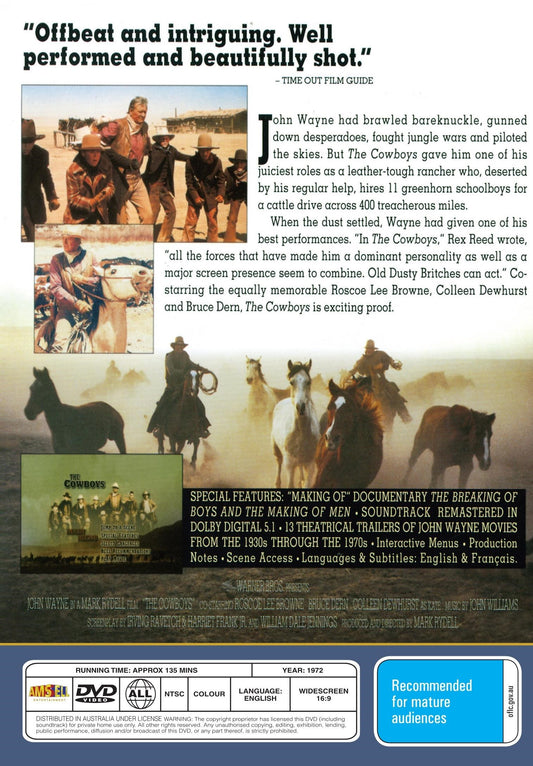 DVD cover of The Cowboys movie featuring John Wayne and Roscoe Lee Browne, adventure film in the Movie & DVD category.