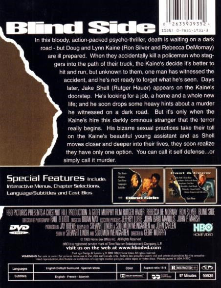 DVD cover of the thriller movie "Blind Side" starring Rutger Hauer and Rebecca De Mornay, featuring the movie poster artwork.