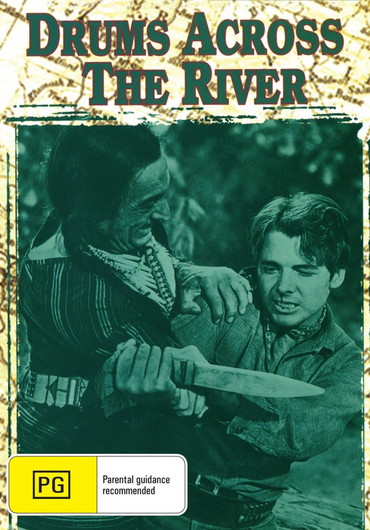 DVD cover of "Drums Across the River" drama featuring Audie Murphy and Walter Brennan, with vintage movie artwork.