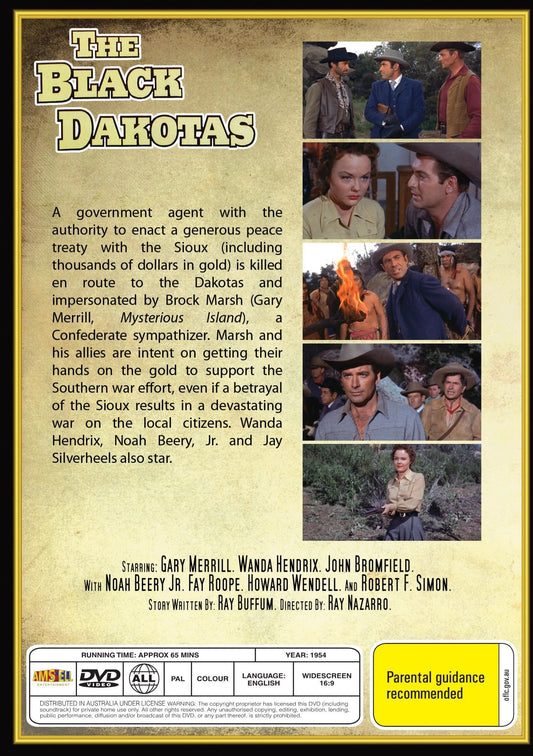 The Black Dakotas DVD featuring Western film with Gary Merrill and Wanda Hendrix, displayed on a case with cover art.