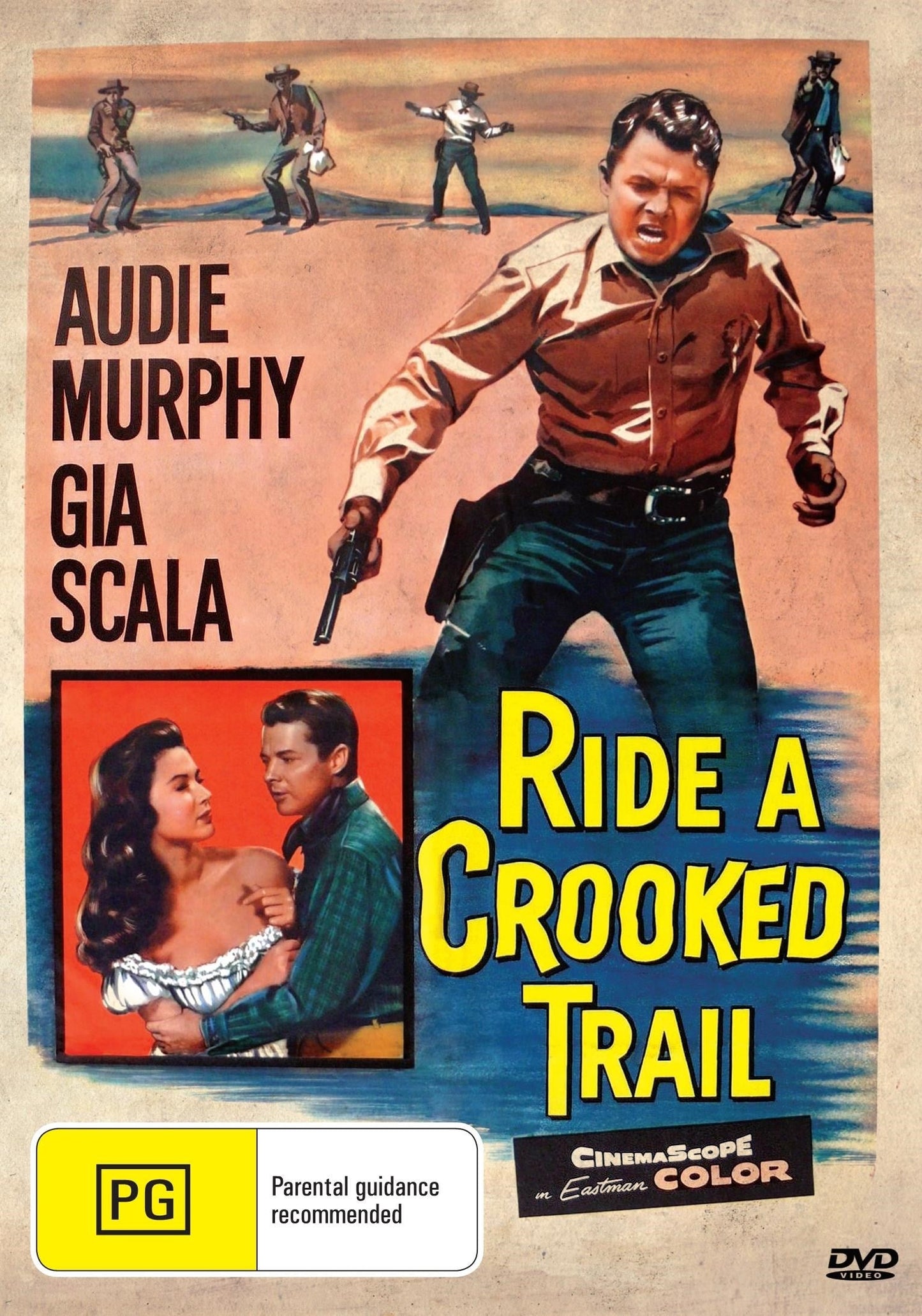 DVD cover of "Ride a Crooked Trail" drama featuring Audie Murphy and Gia Scala, showing actors and movie title.