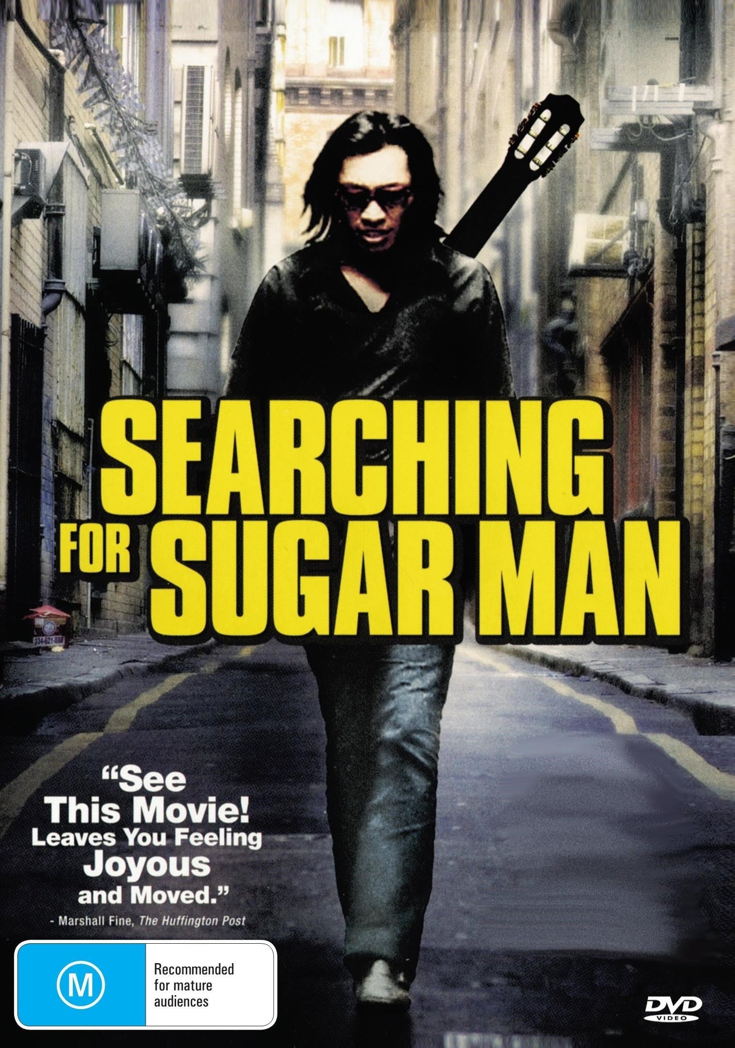 DVD of Searching for Sugar Man documentary featuring Rodriguez, Stephen 'Sugar' Segerman, with cover art and case details.
