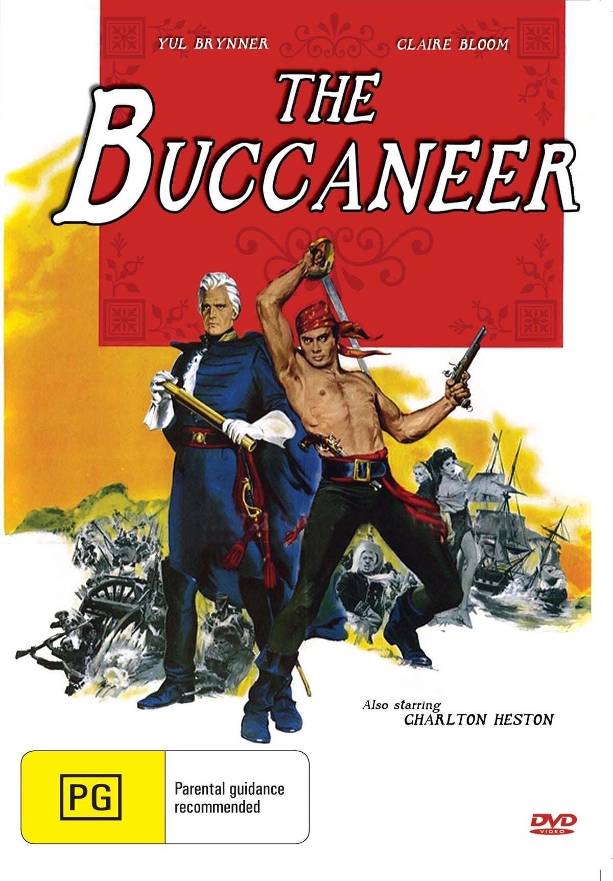 DVD cover of "The Buccaneer" featuring Yul Brynner and Claire Bloom, a romance film available from rareandcollectibledvds.