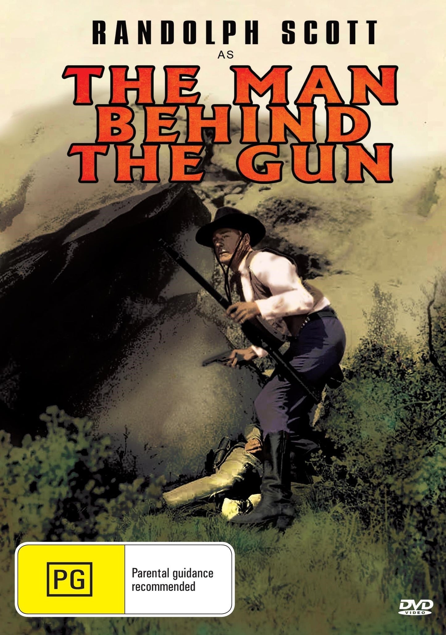 DVD cover of "The Man Behind the Gun" Western featuring Randolph Scott and Patrice Wymore, showcasing the film's artwork.